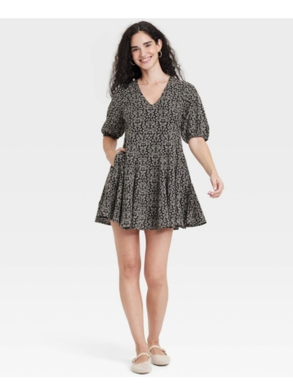 Universal Thread Black Floral V‑Neck Bell Sleeve Mini Dress